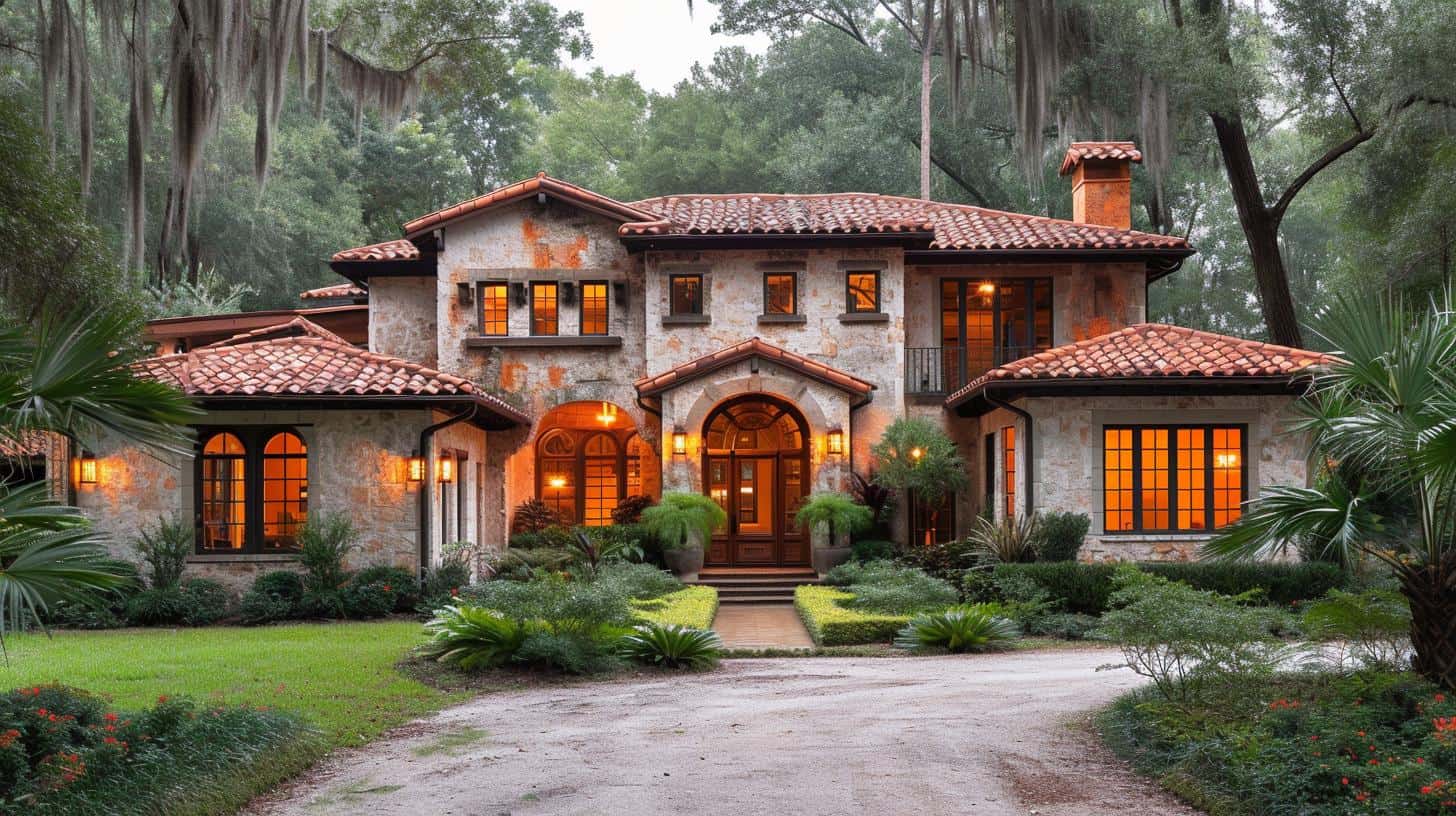 Brown tile roof Houston home with white exterior